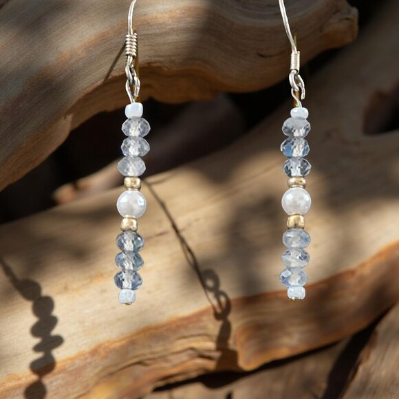 Dainty Labradorite & Pearl Earrings • Sterling Silver • Gold-Tone Accents - Picture 5 of 12